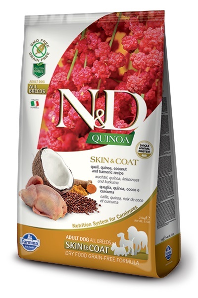 N&D Quinoa Dog Skin and Coat Quail Adult 成犬專用 天然無殼物系列 食物過敏管理+滋潤皮膚毛髮配方  藜麥及鵪鶉肉 2.5kg