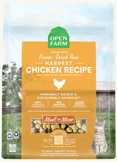 Open Farm Grain Free Harvest Chicken Recipe Freeze-Dried Raw Cat Food 9oz