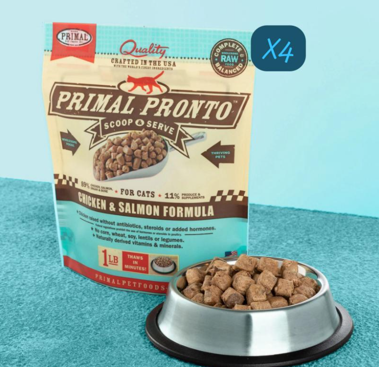 PRIMAL Pronto Frozen Chicken + Salmon Cat Food 1lbX4
