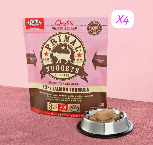 PRIMAL Nuggets Frozen Meat Brick Cat Food Beef and Salmon Formula 3lbX4