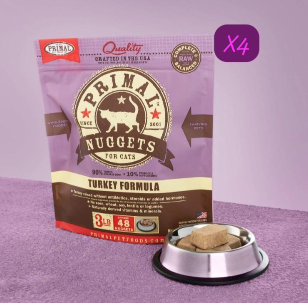 PRIMAL Nuggets Frozen Meat Brick Cat Food Turkey Formula 3lbX4