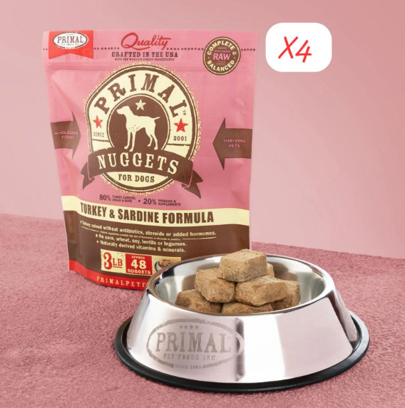 PRIMAL Nuggets Frozen Meat Dog Food Turkey and Sardine Formula 3lbX4