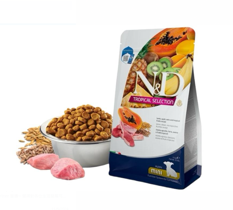 Farmina N&D Tropical系列 羔羊肉、斯佩爾特小麥、燕麥和熱帶水果配方 幼犬(小粒)乾糧1.5kg 