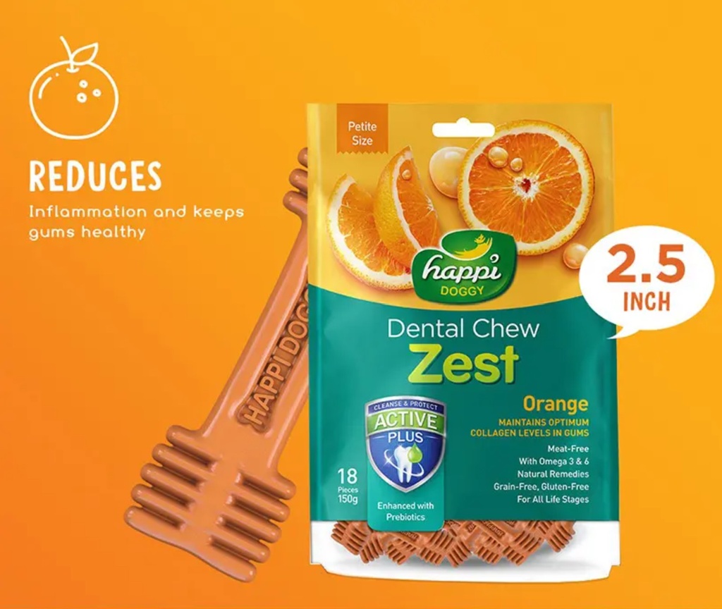 Happi Doggy Dental Chew Zest Petite (Orange Flavor) for Dogs / Dog Treats 150g (2.5" x18pcs)