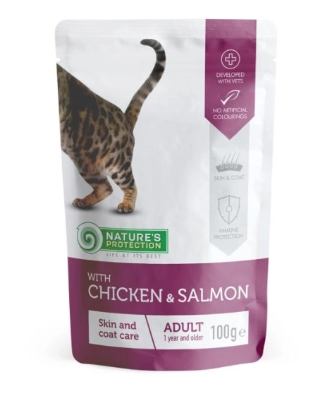 NATURE'S PROTECTION Skin and coat care protection (Chicken and Salmon flavour) Cat pouch for Adult cats 100g