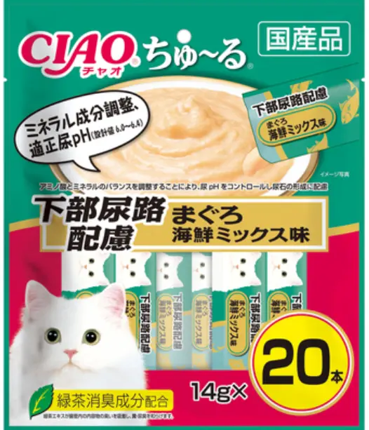 CIAO Churu Lower Urinary Tract Friendly Tuna and Seafood Mix Flavor Lickable Snacks 14g x 20pcs