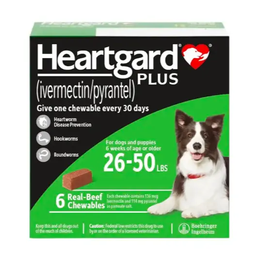 Heartgard Plus Chewables for Dogs M  (26lbs to 50lbs - Green)