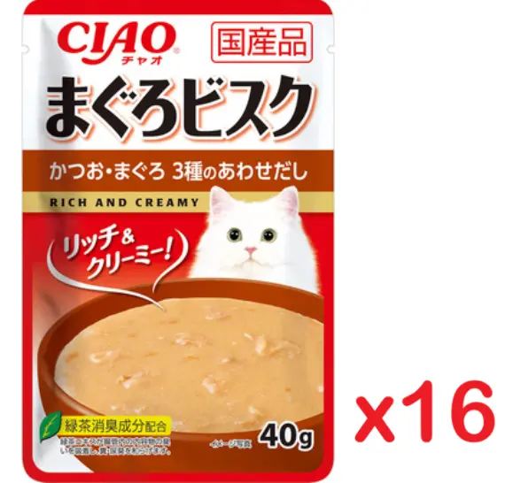 CIAO Bonito & Tuna Mixed Stock With Tuna Bisque Pouch Cat Food 40g x16 #IC-358