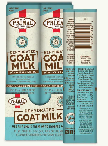 Primal Dehydrated Goat Milk for Dogs and Cats 1.8oz (10 Sticks of 0.18oz)
